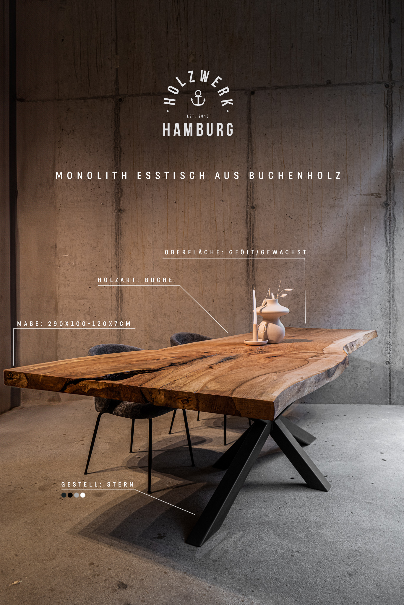 Unikat Esstisch Buche | Baumtisch Massivholz Monolith