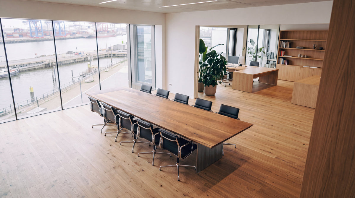 Konferenztisch aus Nussbaum für 10 Personen im Besprechungsraum mit Hafenblick, Visualisierung | Holzwerk Hamburg