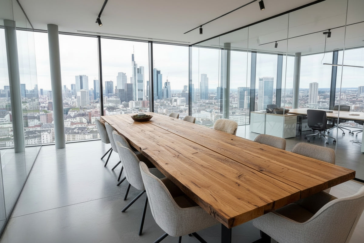 Large custom oak and reclaimed wood conference table by Holzwerk Hamburg in a modern office setting.