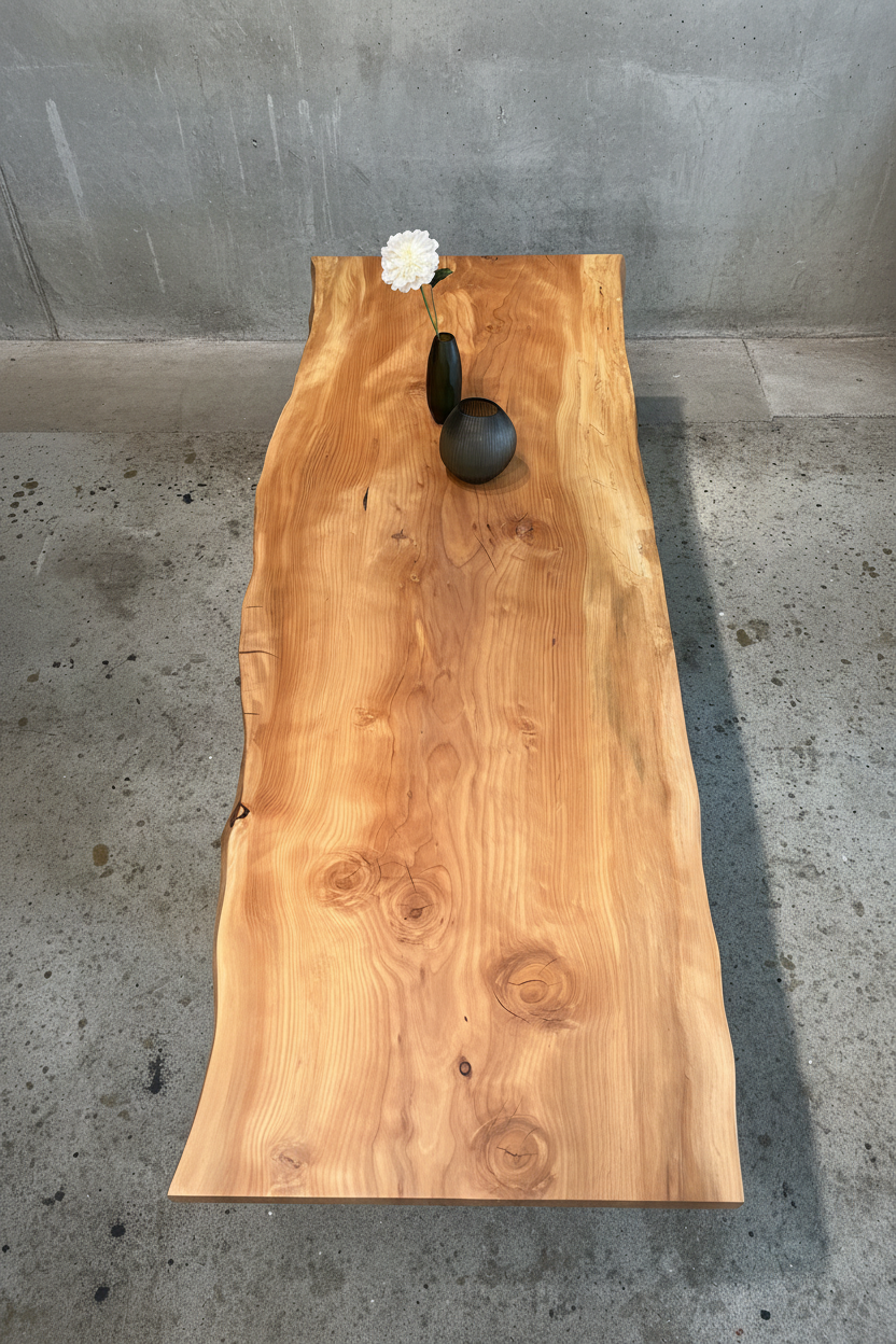 Massiver Zedertisch aus Holzstamm von Holzwerk Hamburg, naturbelassener Esstisch aus massivem Zedermassivholz.