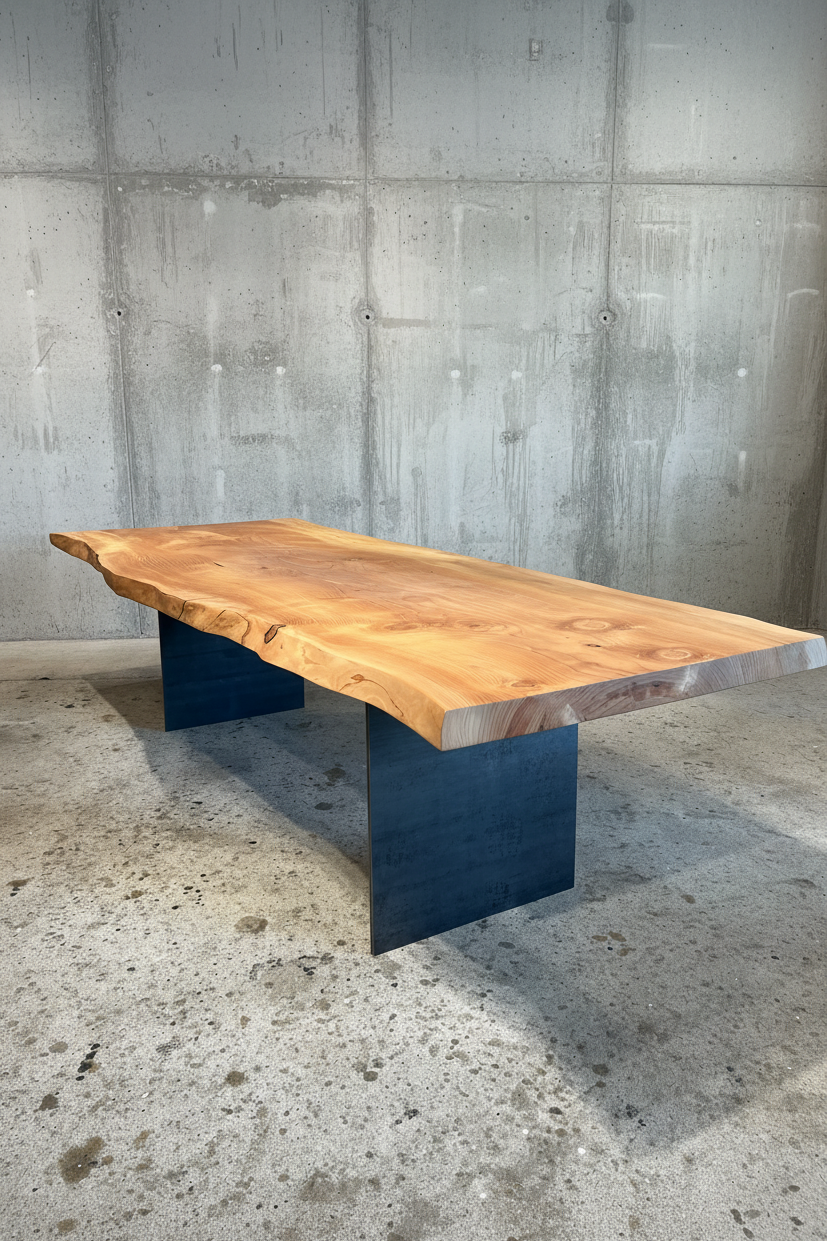Massiver Zedertisch aus Holzwerk Hamburg, Esstisch aus einem Baumstamm mit natürlicher Holzmaserung und robustem Design.