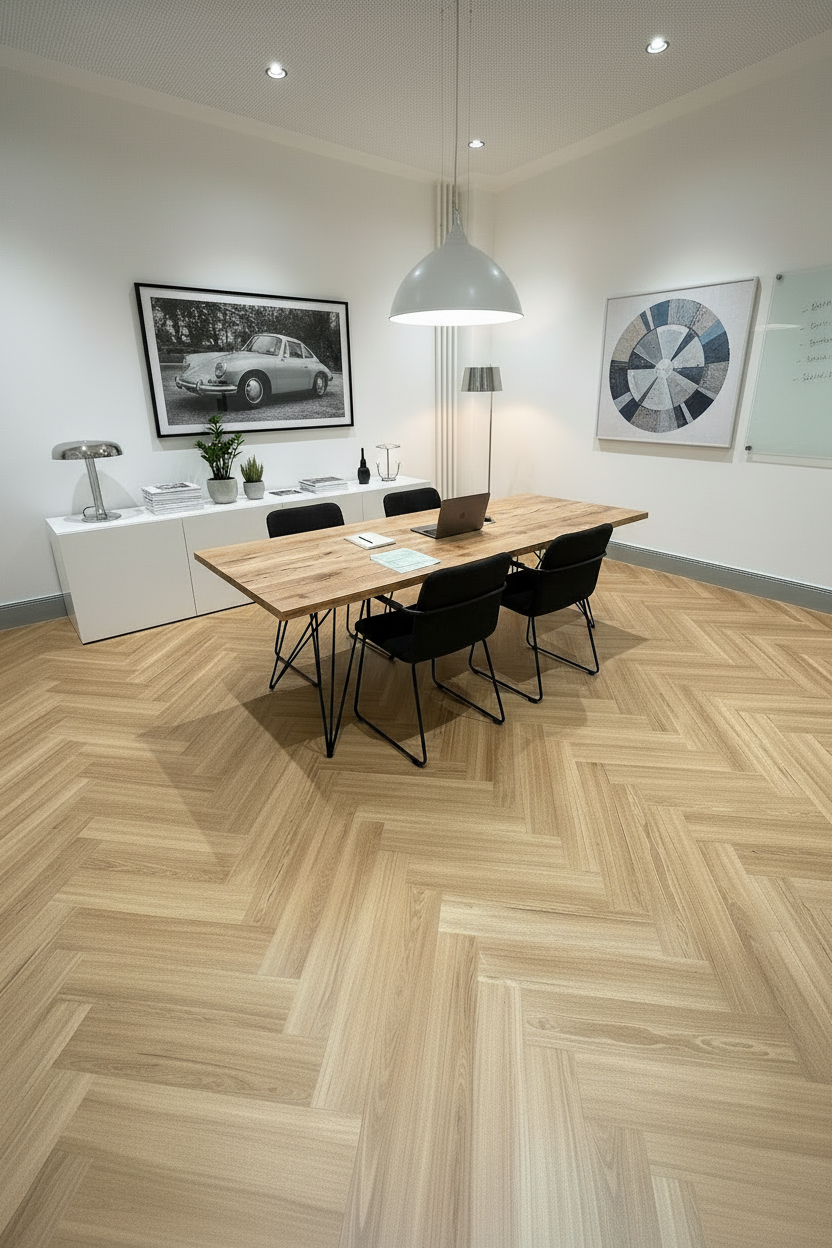 Massiver Esstisch aus Eiche mit filigranem Metallgestell von Holzwerk Hamburg, zeigt die elegante Holzmaserung und das stabile Metallgestell.