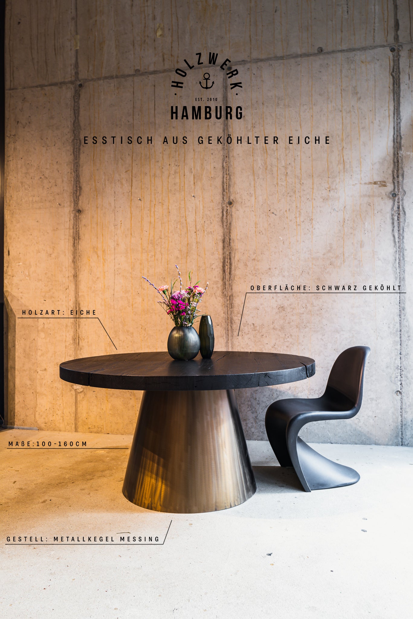 Runder Massivholztisch mit schwarzer Tischplatte