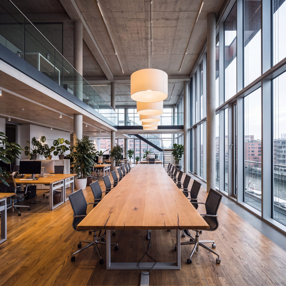 Konferenztisch aus Eiche für 20 Personen in voller Länge im offenen Büro mit Galerie und Elbblick, Visualisierung | Holzwerk Hamburg