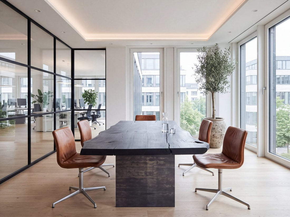 Konferenztisch schwarz aus Massivholz mit Baumkante im Büro | Holzwerk Hamburg