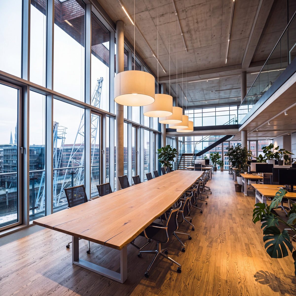 Langer Konferenztisch aus Eiche massiv für 20 Personen im Open-Space-Büro mit Hafenblick in der HafenCity, Visualisierung | Holzwerk Hamburg